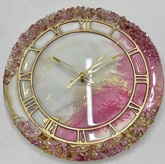 Pink and Golden Geode Abstract Epoxy Resin Wall Clock For Home Decor