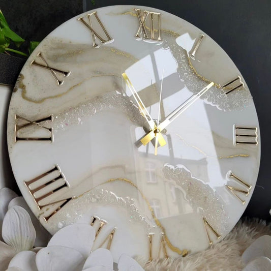 White and Golden Abstract Epoxy Resin Wall Clock For Home Decor