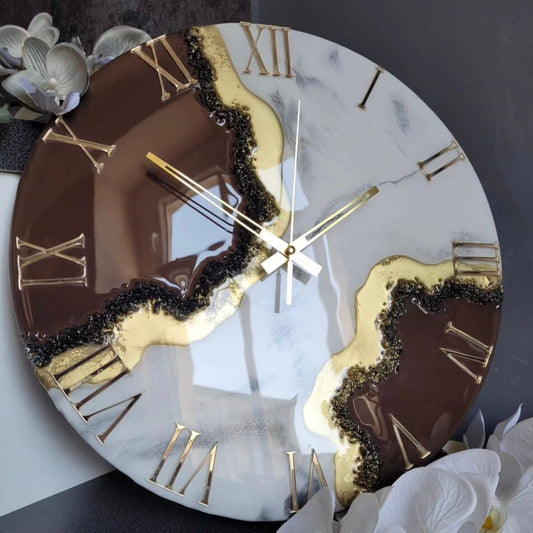 Brown and White Abstract Epoxy Resin Wall Clock For Home Decor