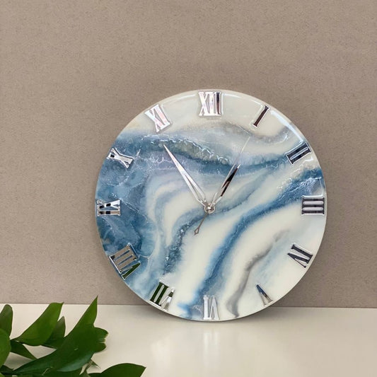 Blue And White Abstract Epoxy Resin Wall Clock For Home Decor