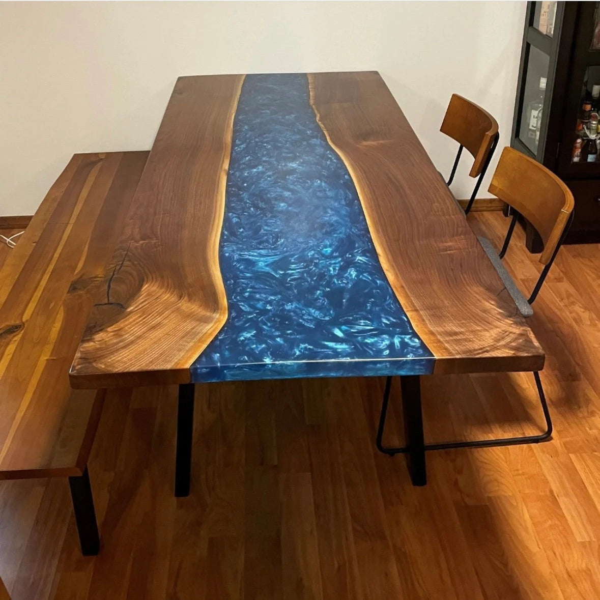 Blue and Wood Abstract Epoxy Resin Table For Home Decor