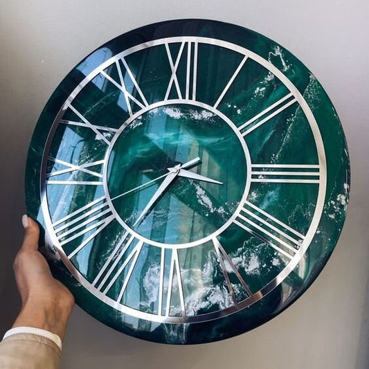 Teal Green Geode Abstract Epoxy Resin Wall Clock For Home Decor