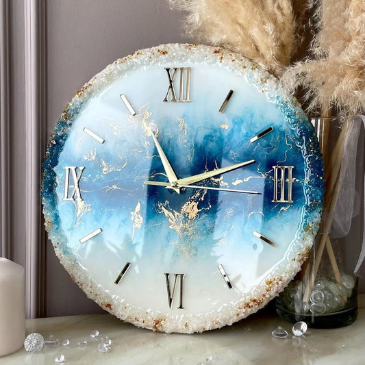 Blue White and Golden Abstract Epoxy Resin Wall Clock For Home Decor