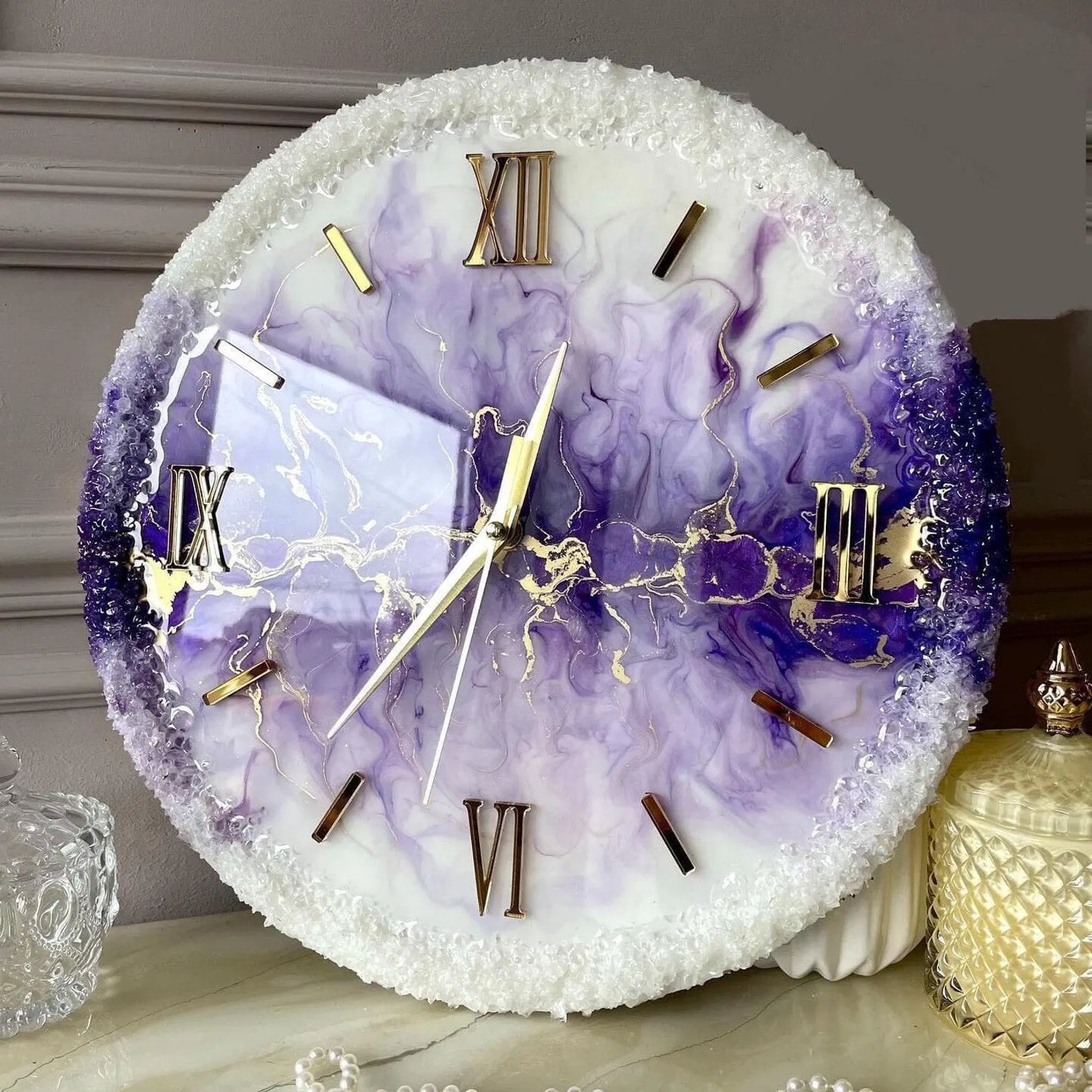 Purple And White Abstract Epoxy Resin Wall Clock For Home Decor