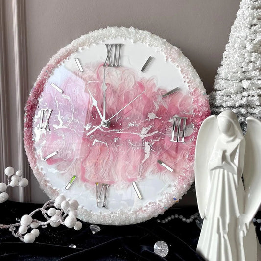 Pink And White Abstract Epoxy Resin Wall Clock For Home Decor