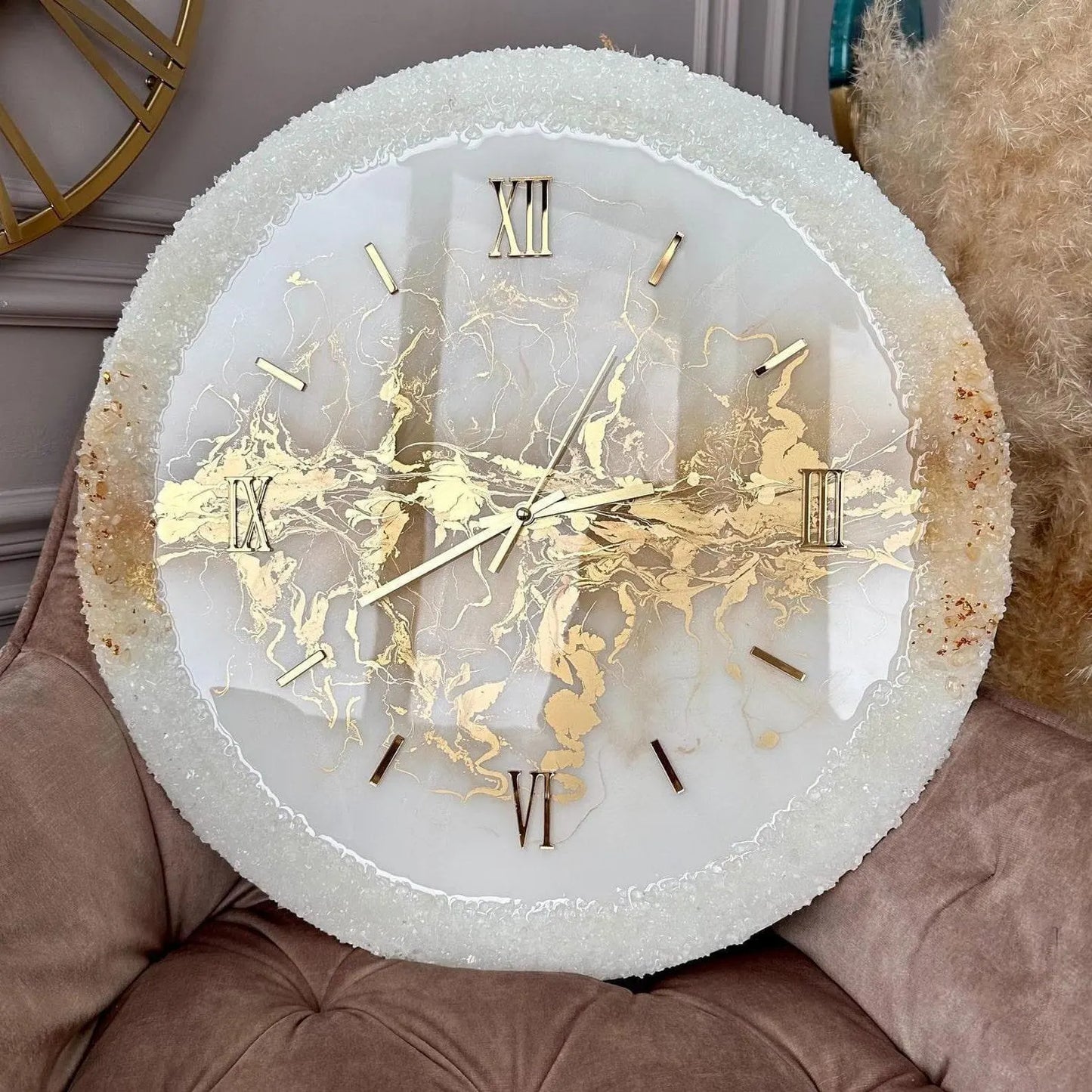 White And Golden Abstract Epoxy Resin Wall Clock For Home Decor