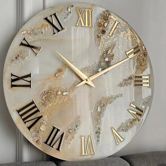 White And Golden Abstract Epoxy Resin Wall Clock For Home Decor