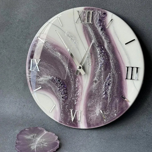 Purple and White Abstract Epoxy Resin Wall Clock For Home Decor