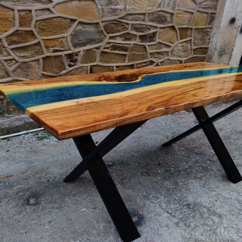 Blue and Wood Abstract Epoxy Resin Table For Home Decor