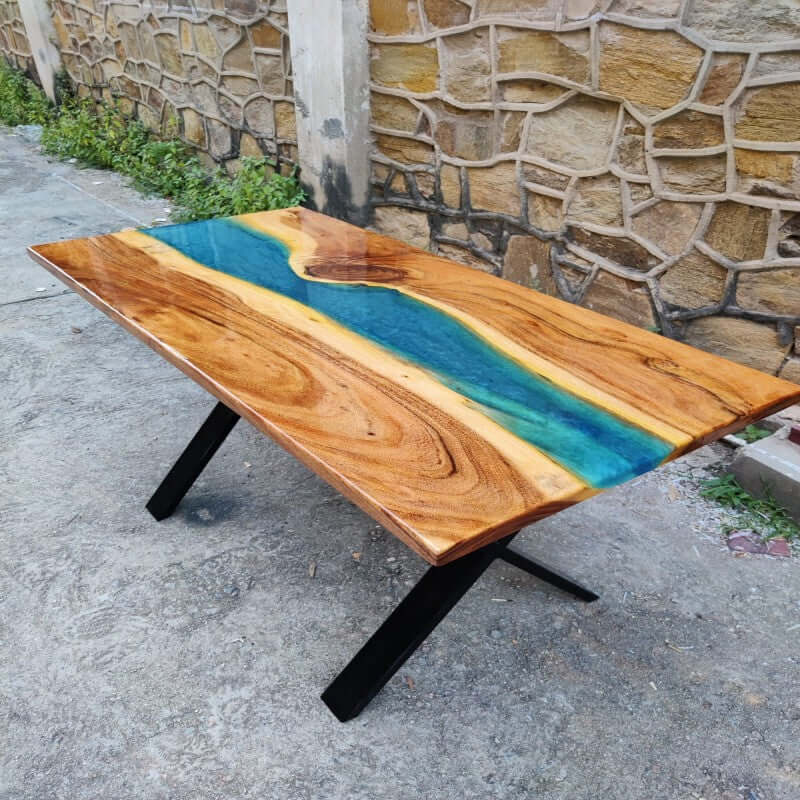 Blue and Wood Abstract Epoxy Resin Table For Home Decor