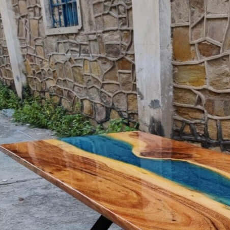 Blue and Wood Abstract Epoxy Resin Table For Home Decor