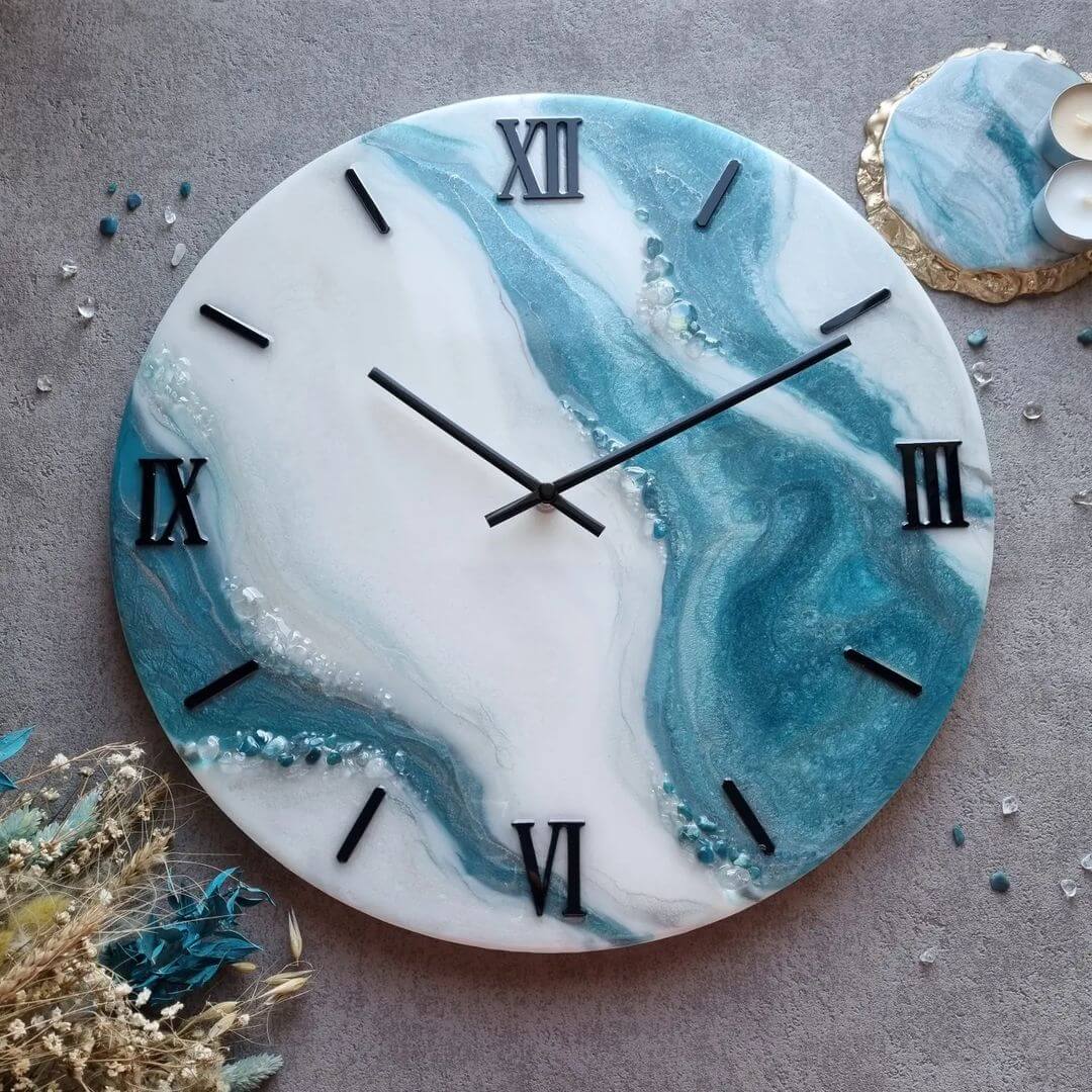 White and Blue Abstract Epoxy Resin Wall Clock For Home Decor - Art Me Up by Kinmil