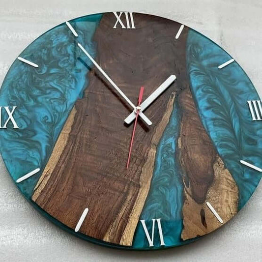 Blue and Wooden Abstract Epoxy Resin Wall Clock For Home Decor