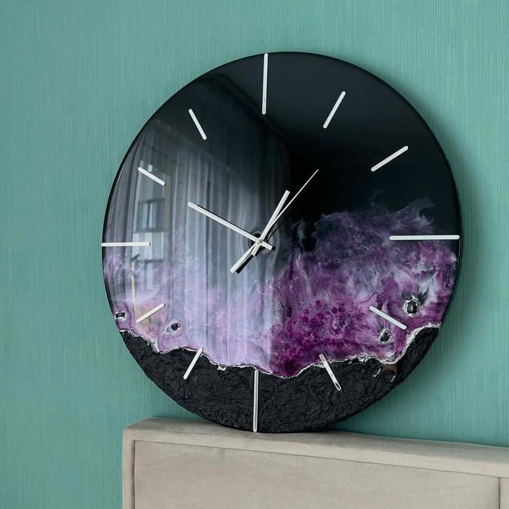 Black and Purple Abstract Epoxy Resin Wall Clock For Home Decor