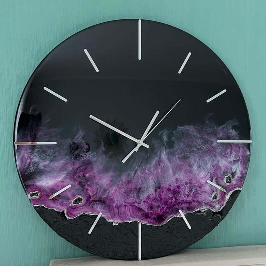 Black and Purple Abstract Epoxy Resin Wall Clock For Home Decor