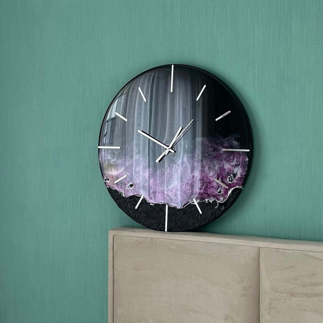 Black and Purple Abstract Epoxy Resin Wall Clock For Home Decor