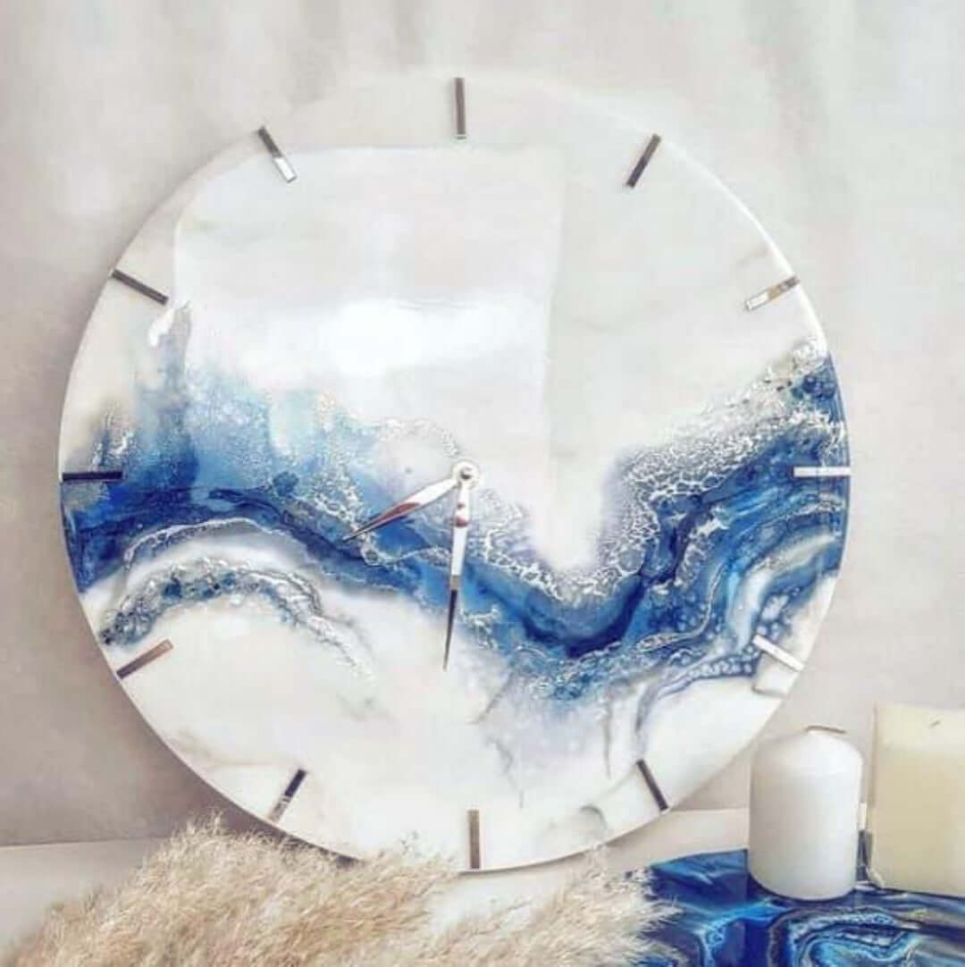 White and Blue Abstract Epoxy Resin Wall Clock For Home Decor - Art Me Up by Kinmil