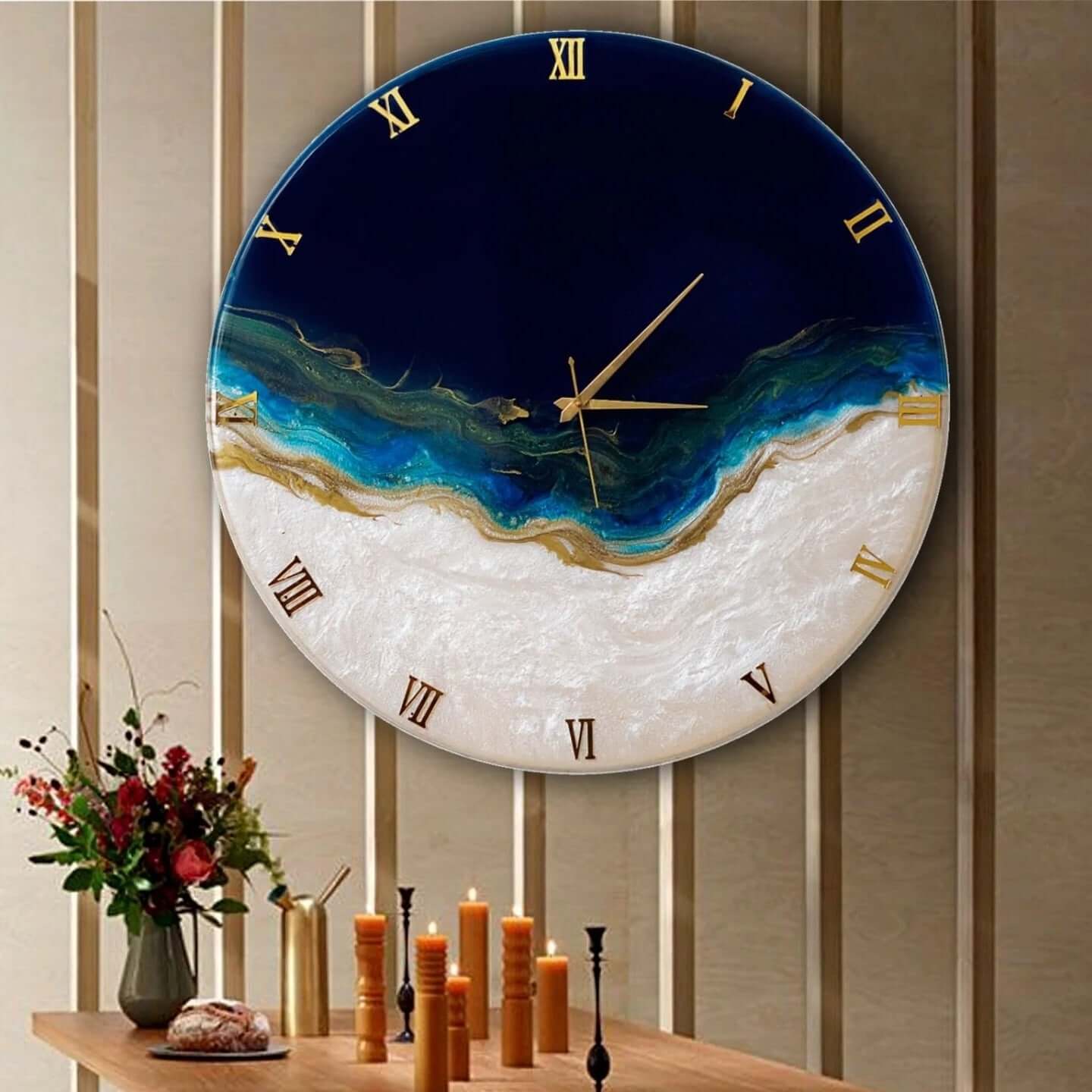 Dark Blue Abstract Epoxy Resin Wall Clock For Home Decor