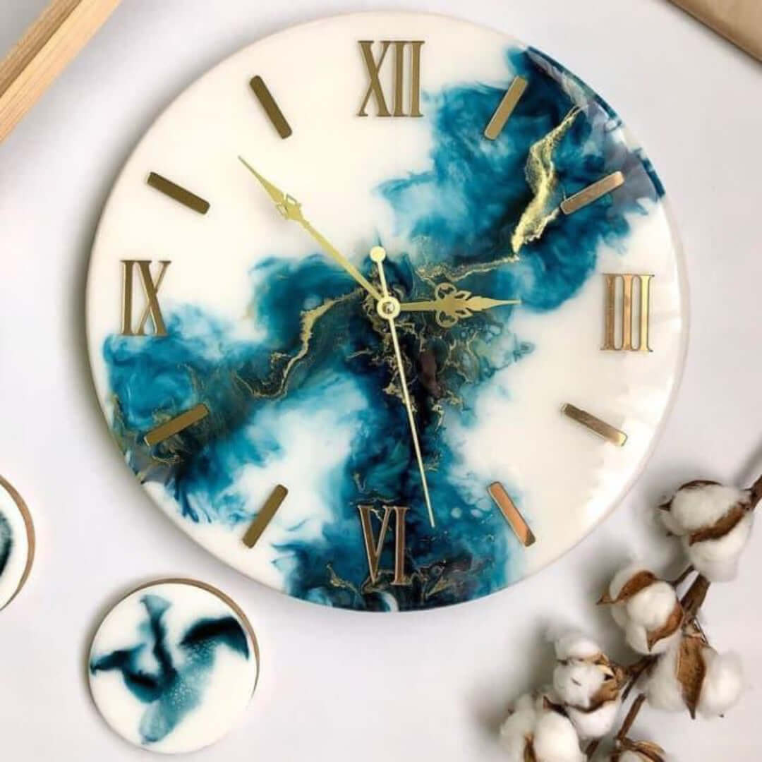 Blue and White Abstract Epoxy Resin Wall Clock For Home Decor