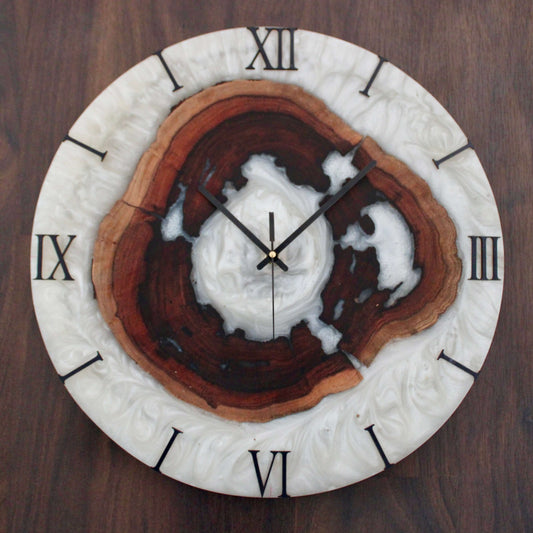 White and Wooden Abstract Epoxy Resin Wall Clock For Home Decor