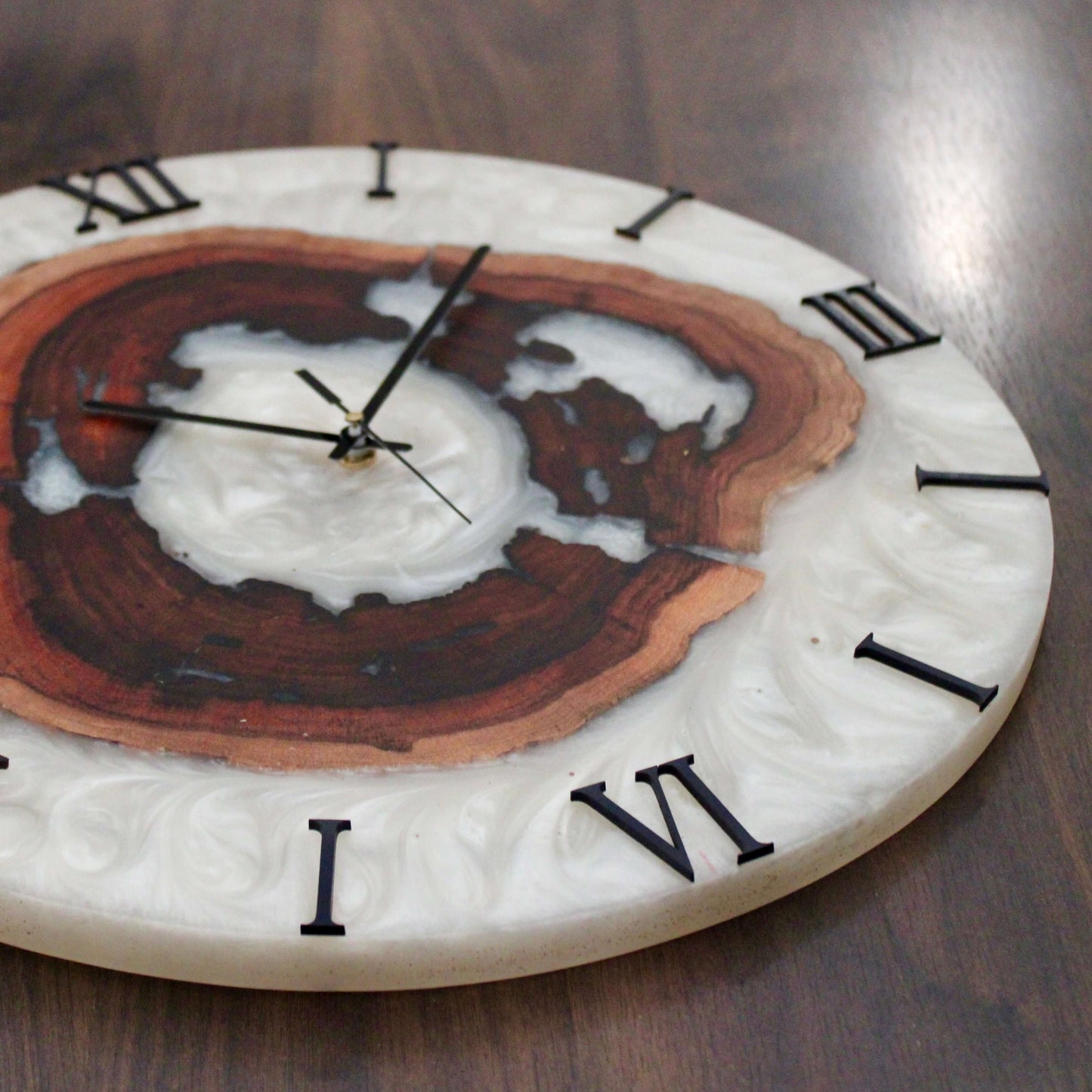 White and Wooden Abstract Epoxy Resin Wall Clock For Home Decor