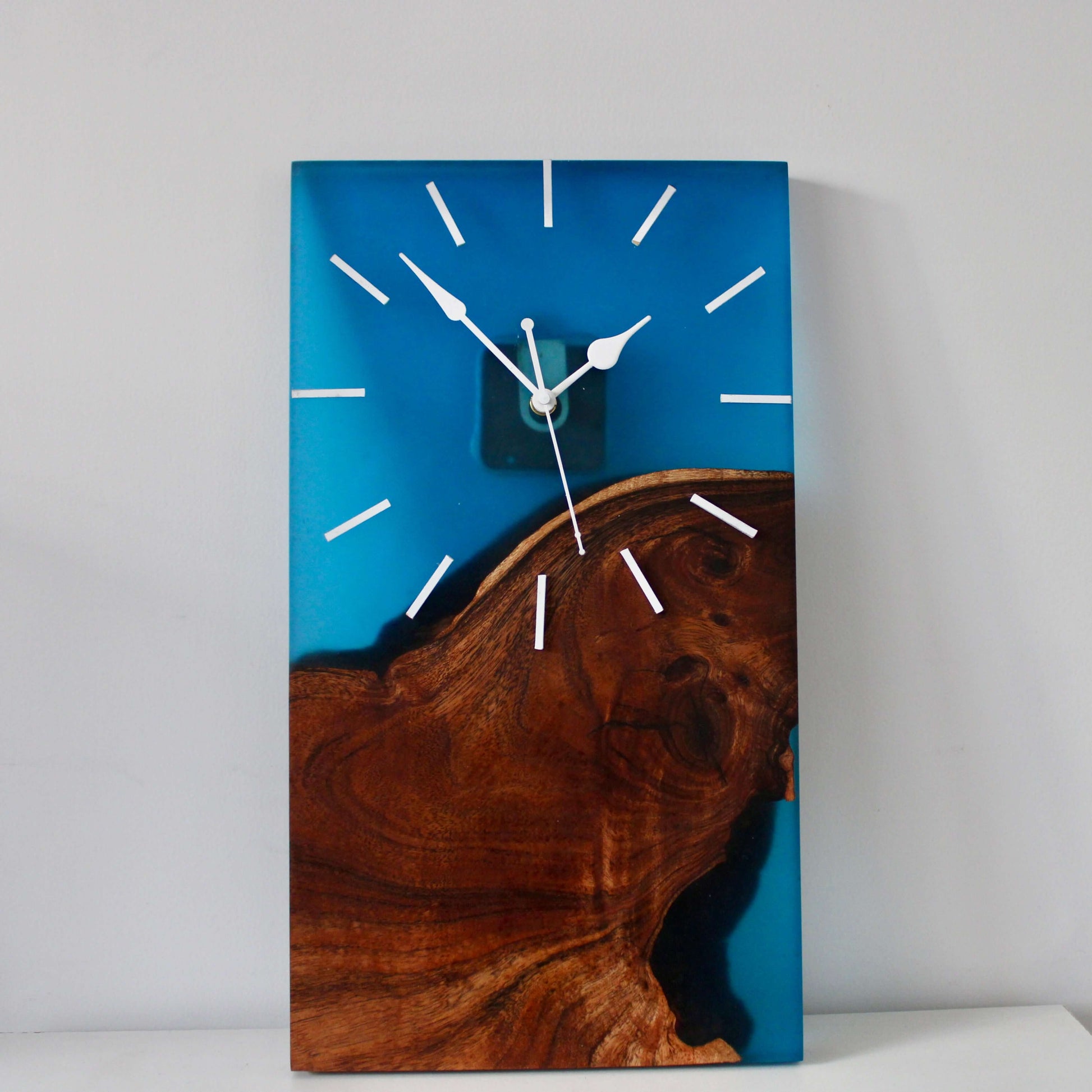 Blue and Wooden Rectangle Abstract Epoxy Resin Wall Clock For Home Decor