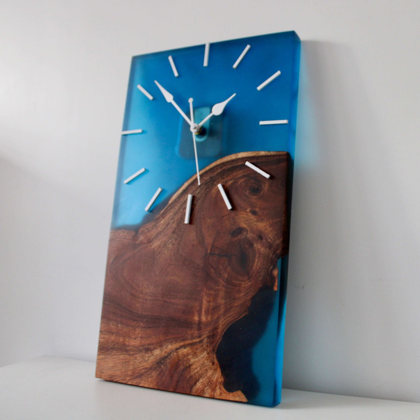 Blue and Wooden Rectangle Abstract Epoxy Resin Wall Clock For Home Decor