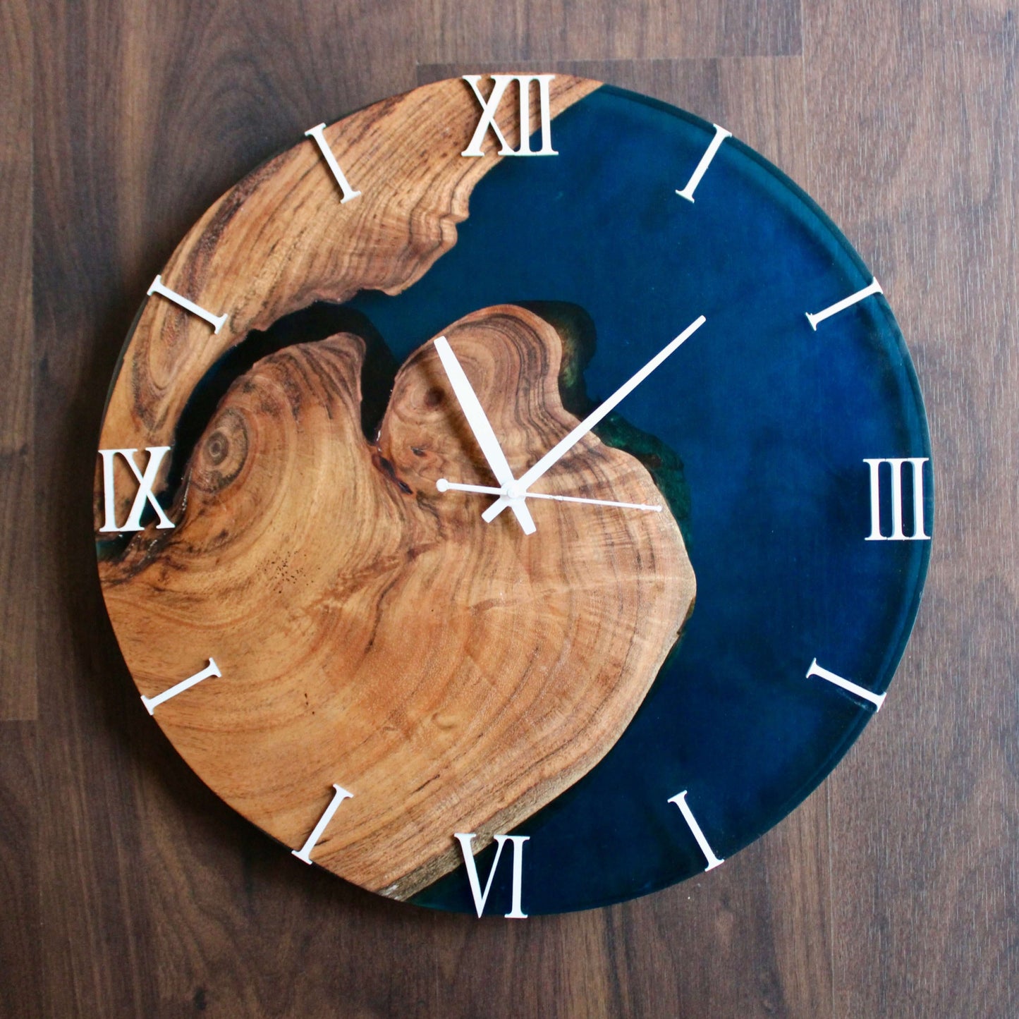 Dark Blue and Wooden Abstract Epoxy Resin Wall Clock For Home Decor