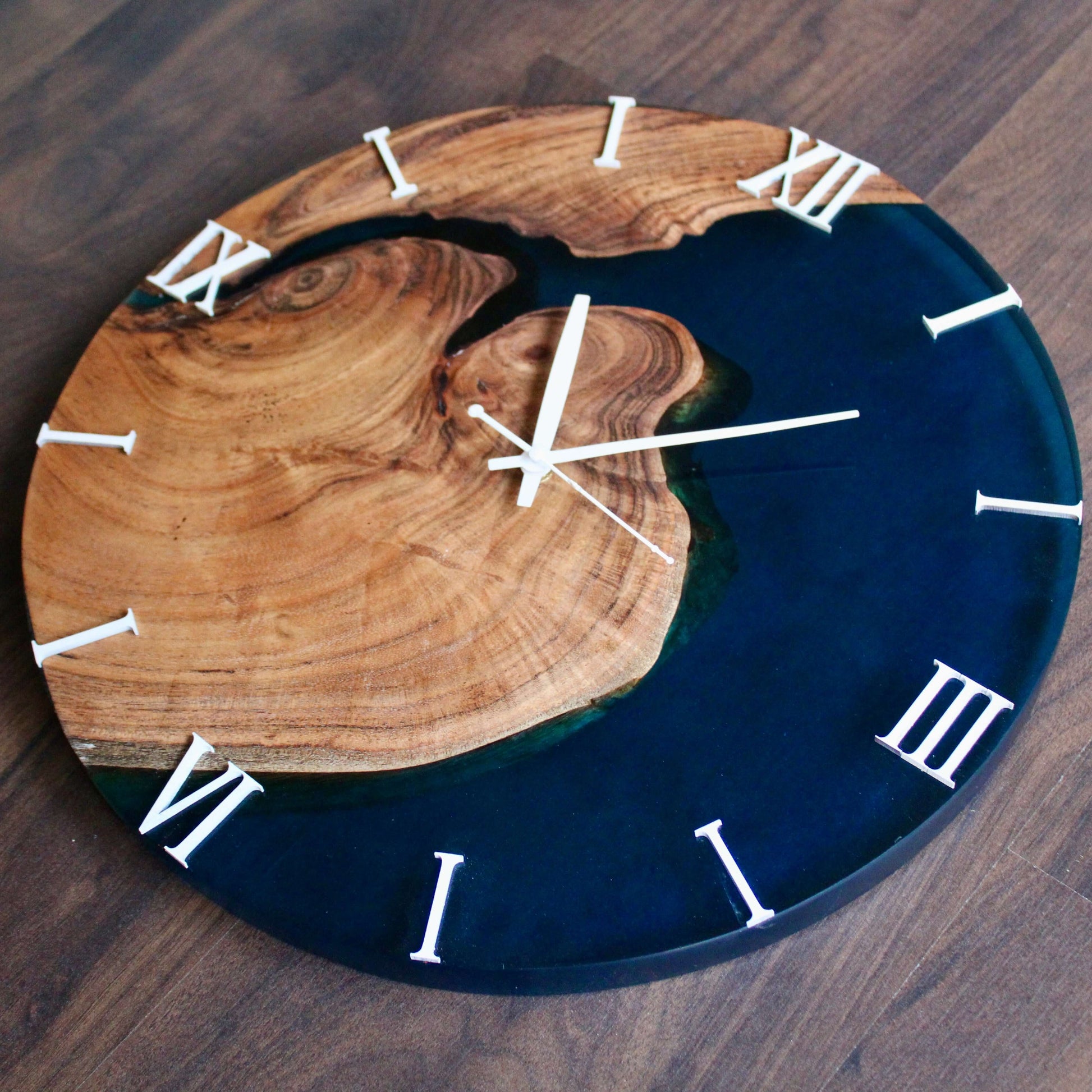 Dark Blue and Wooden Abstract Epoxy Resin Wall Clock For Home Decor