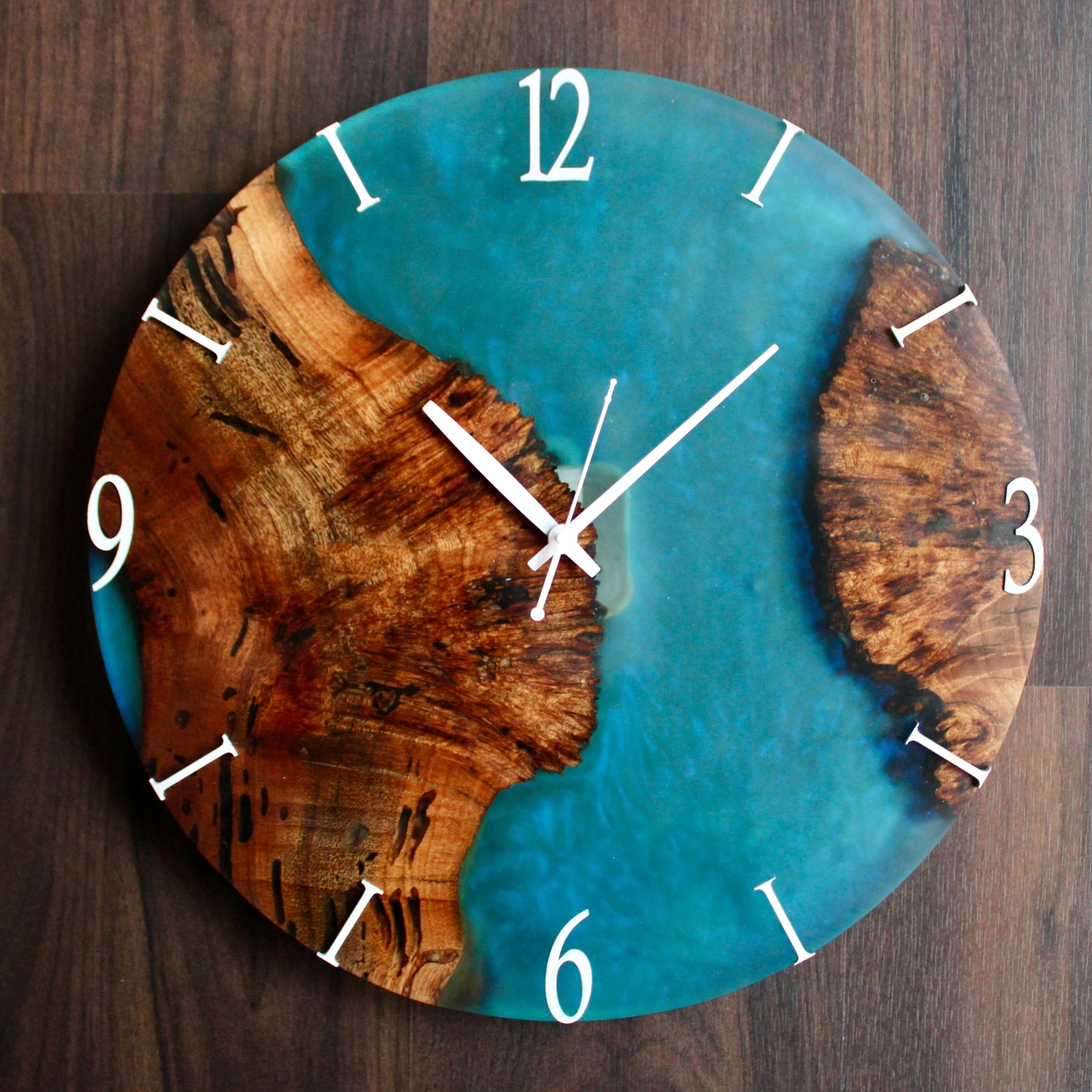 Blue and Wooden Abstract Epoxy Resin Wall Clock For Home Decor