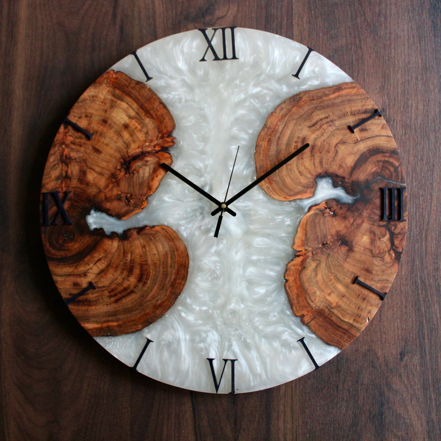 White and Wooden Abstract Epoxy Resin Wall Clock For Home Decor