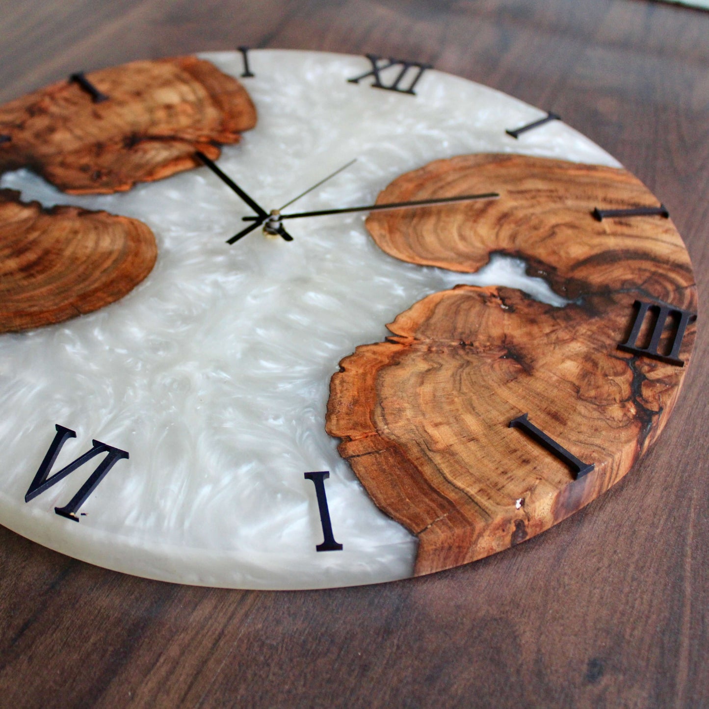 White and Wooden Abstract Epoxy Resin Wall Clock For Home Decor