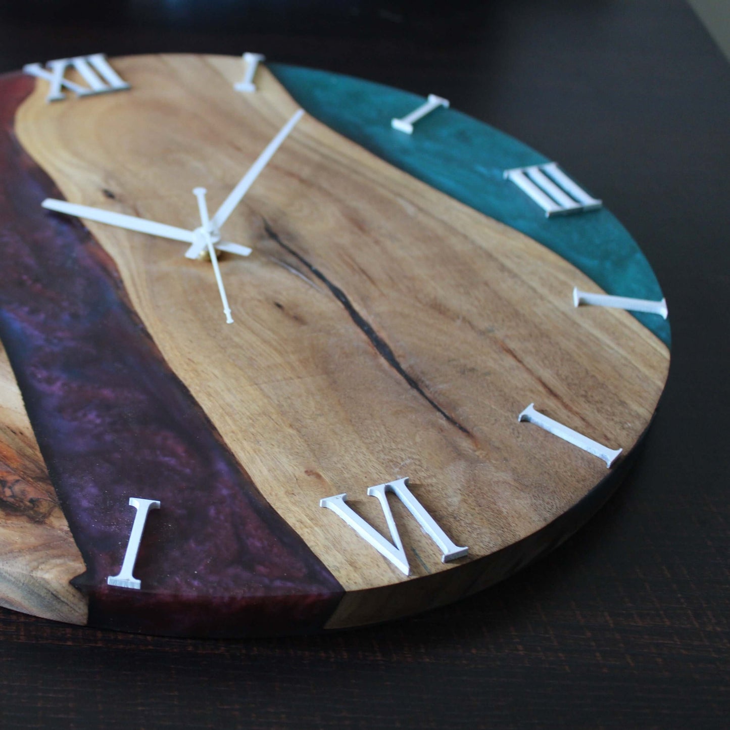 Red Blue and Wooden Abstract Epoxy Resin Wall Clock For Home Decor