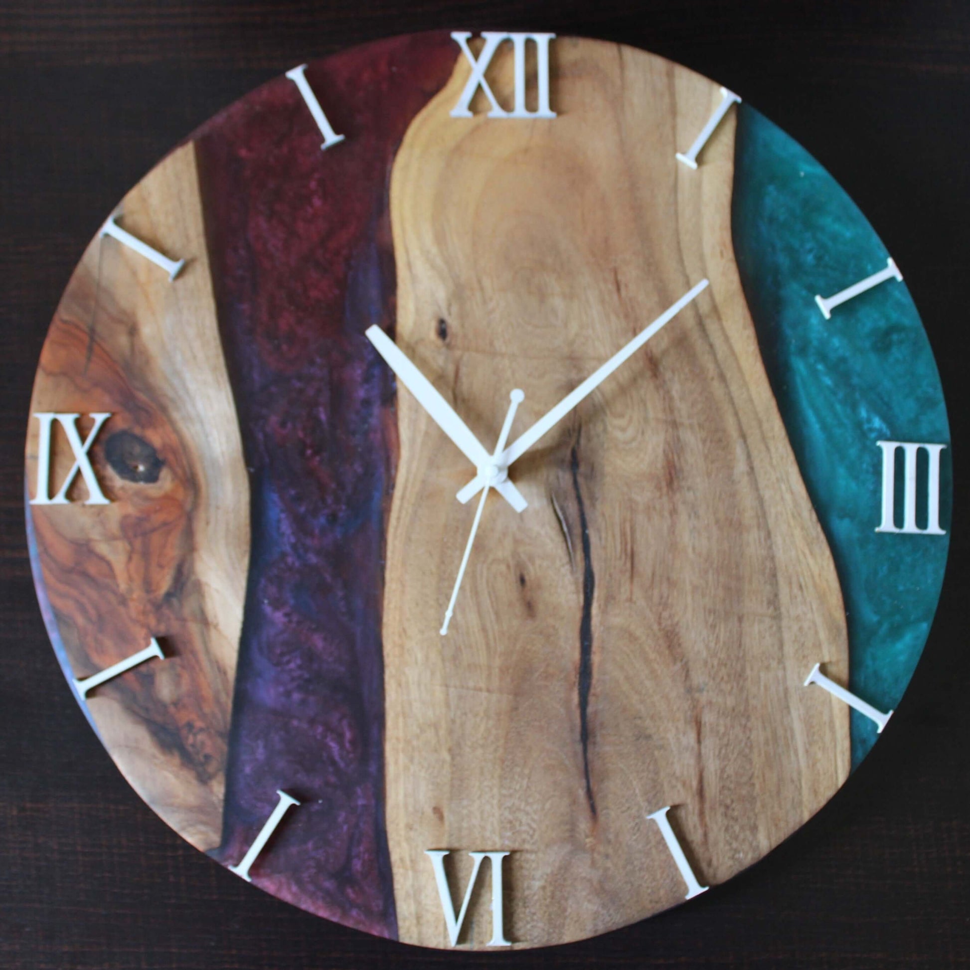 Red Blue and Wooden Abstract Epoxy Resin Wall Clock For Home Decor