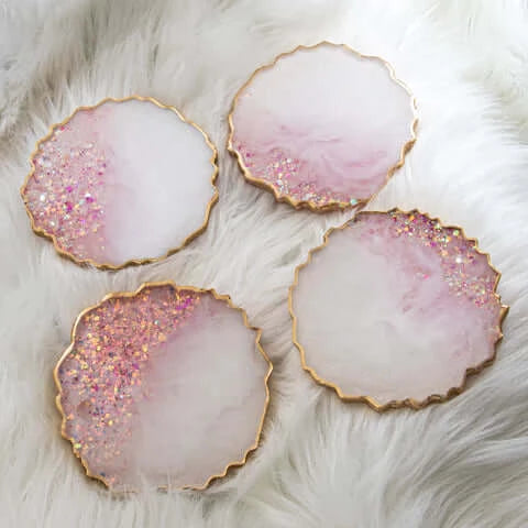 Pink Stones with Pearl White Glass and Glitter Resin Coasters