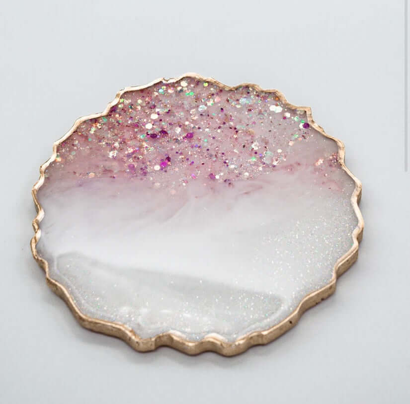 Pink Stones with Pearl White Glass and Glitter Resin Coasters