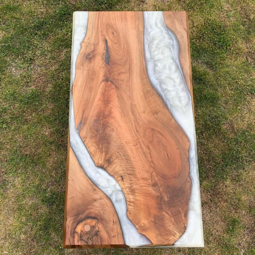 White and Wood Abstract Epoxy Resin Table For Home Decor