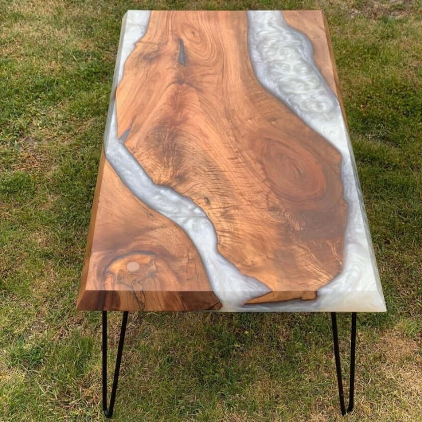 White and Wood Abstract Epoxy Resin Table For Home Decor