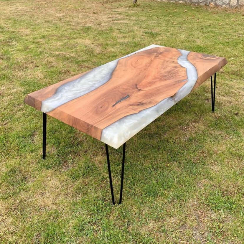 White and Wood Abstract Epoxy Resin Table For Home Decor