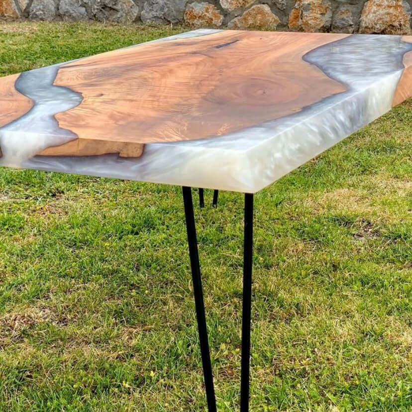 White and Wood Abstract Epoxy Resin Table For Home Decor