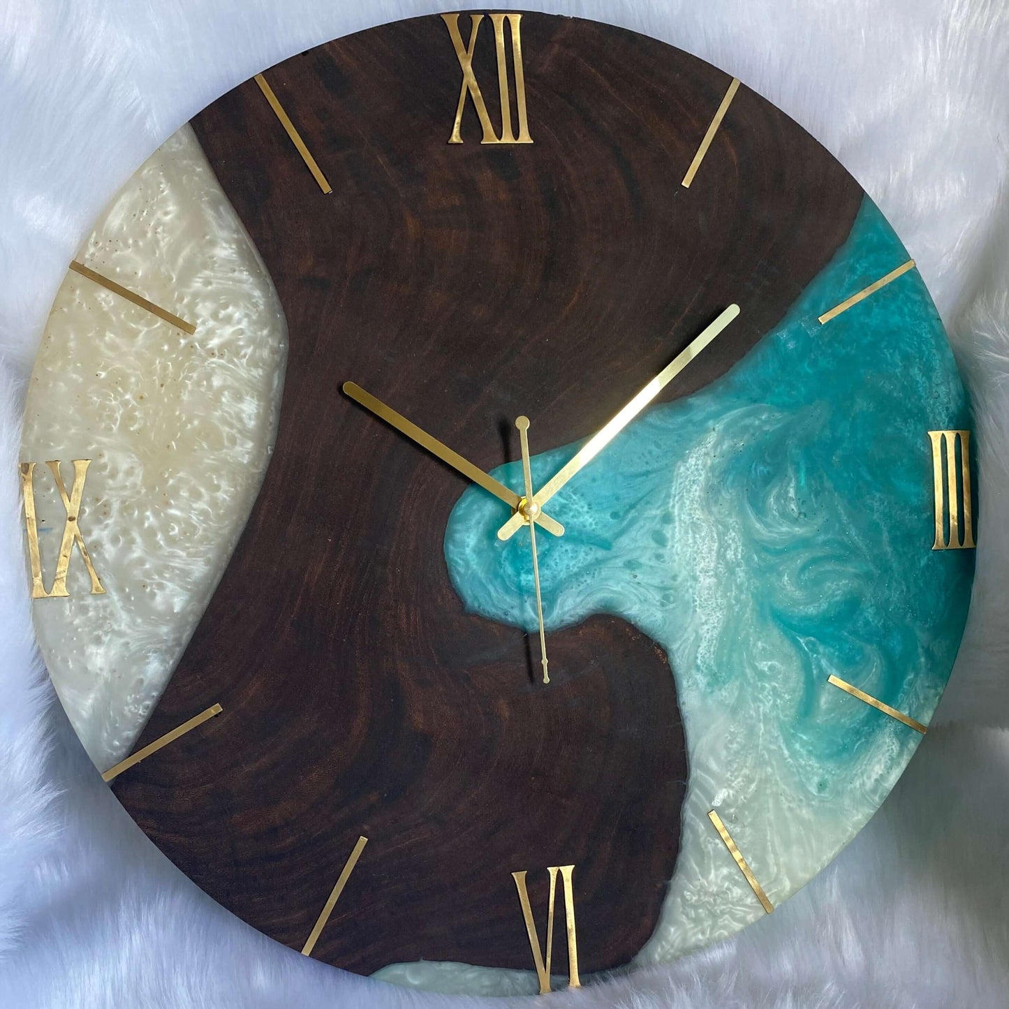 Blue White and Wooden Abstract Epoxy Resin Wall Clock For Home Decor