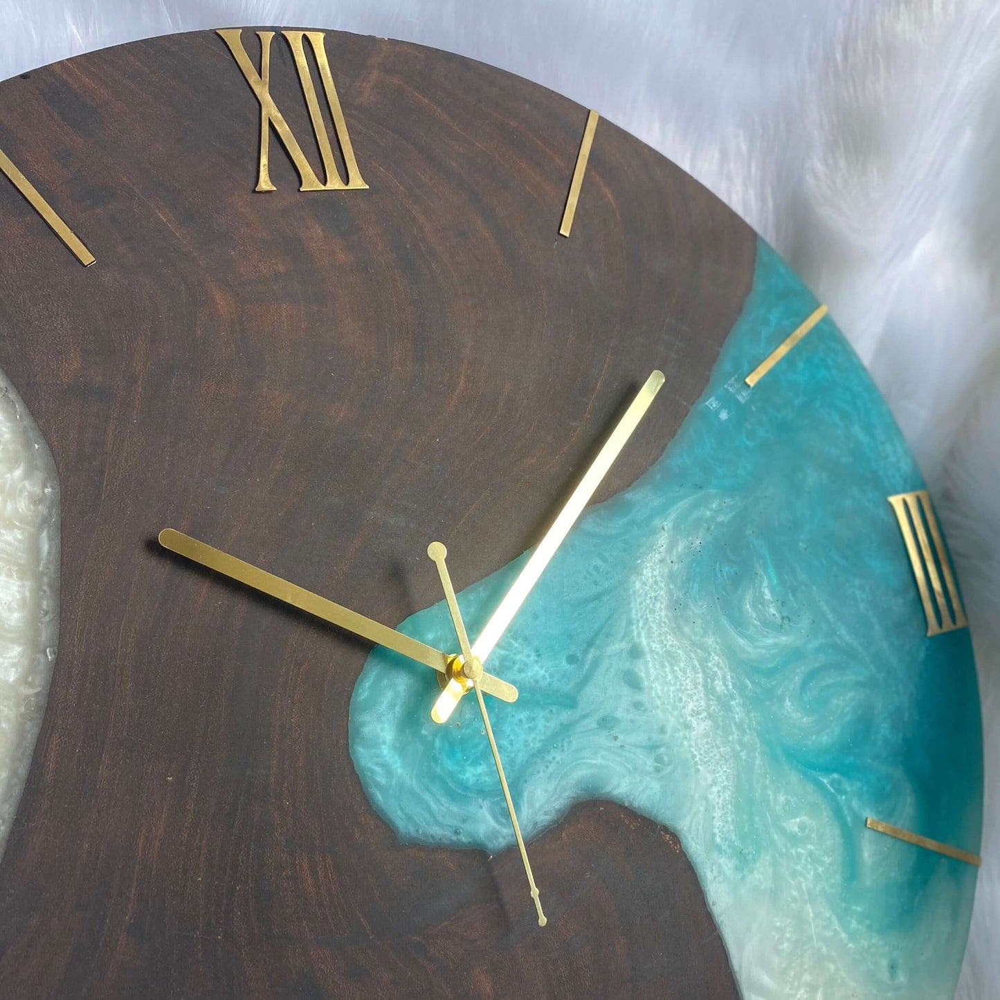 Blue White and Wooden Abstract Epoxy Resin Wall Clock For Home Decor