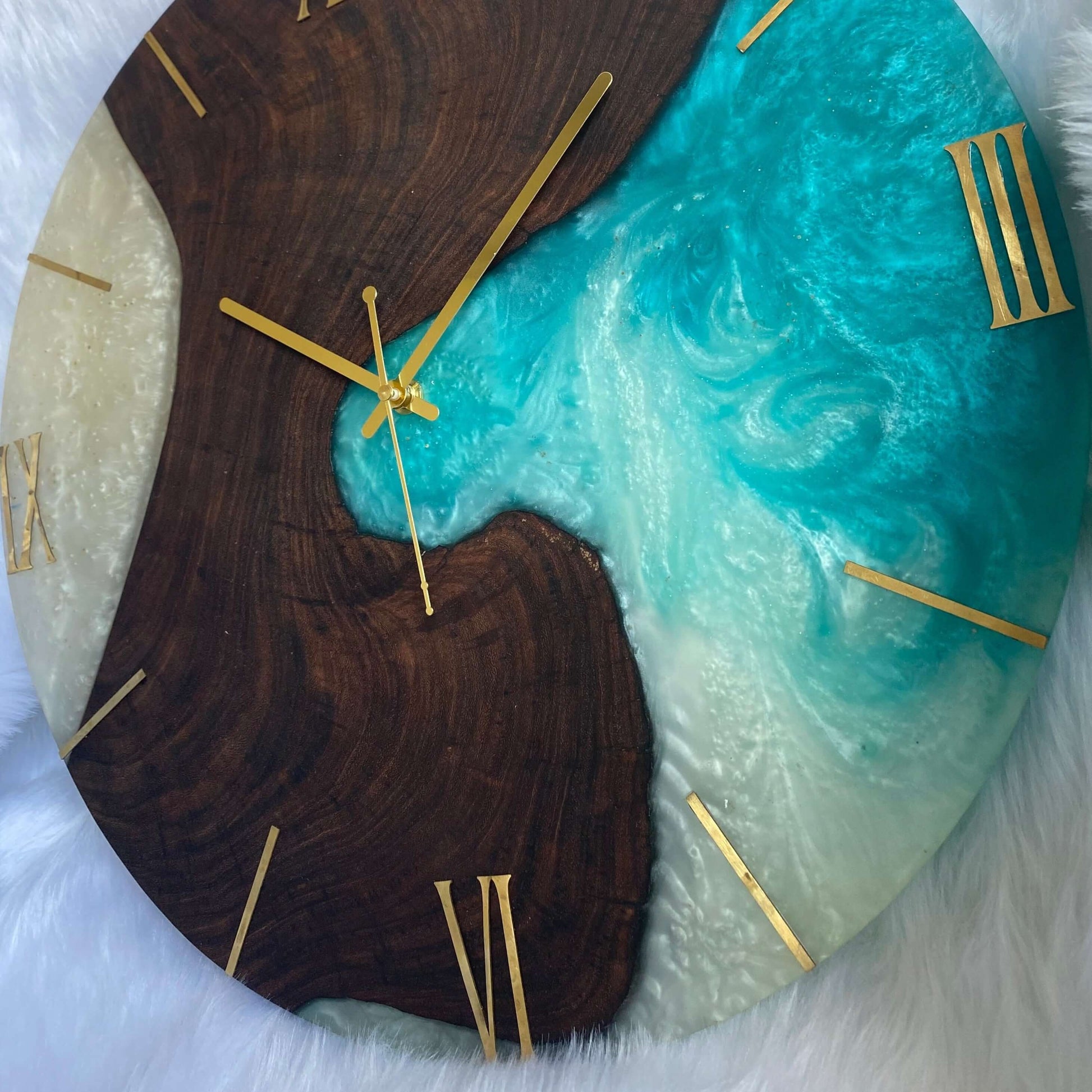 Blue White and Wooden Abstract Epoxy Resin Wall Clock For Home Decor