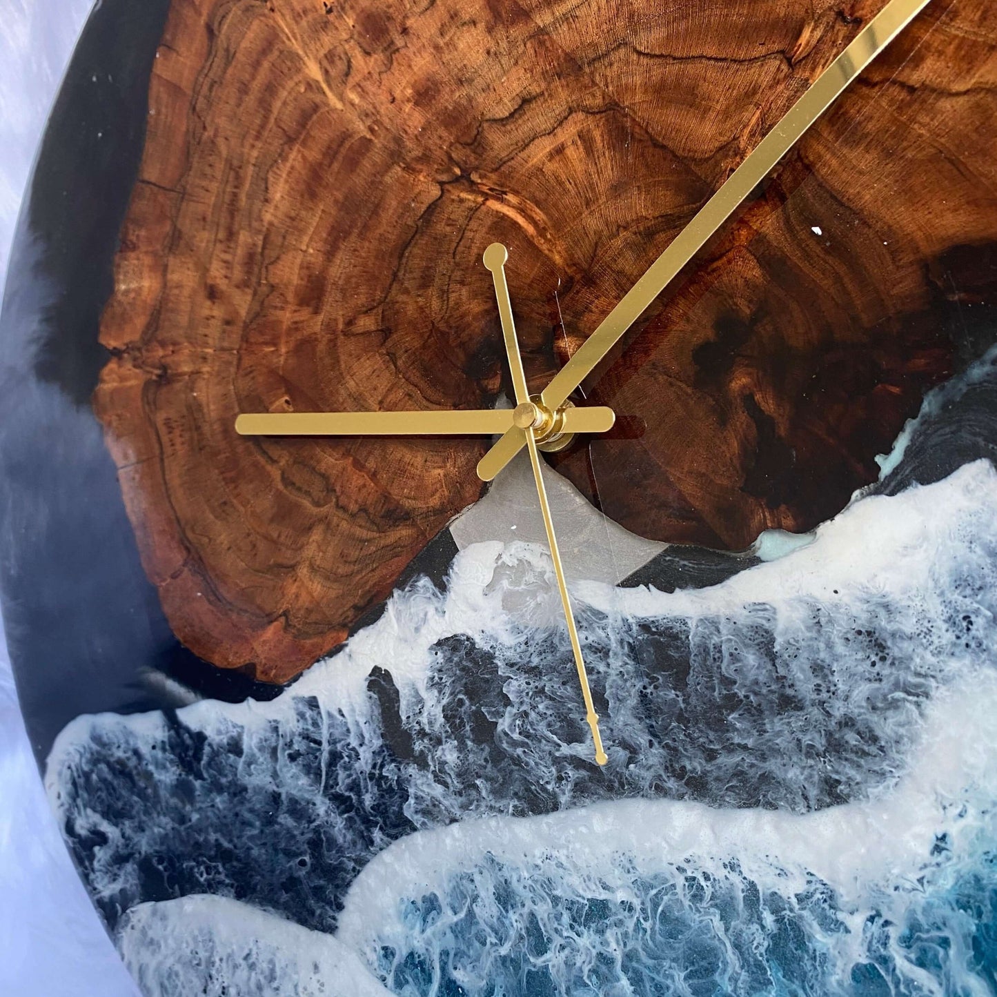 Black Ocean and Wooden Abstract Epoxy Resin Wall Clock For Home Decor