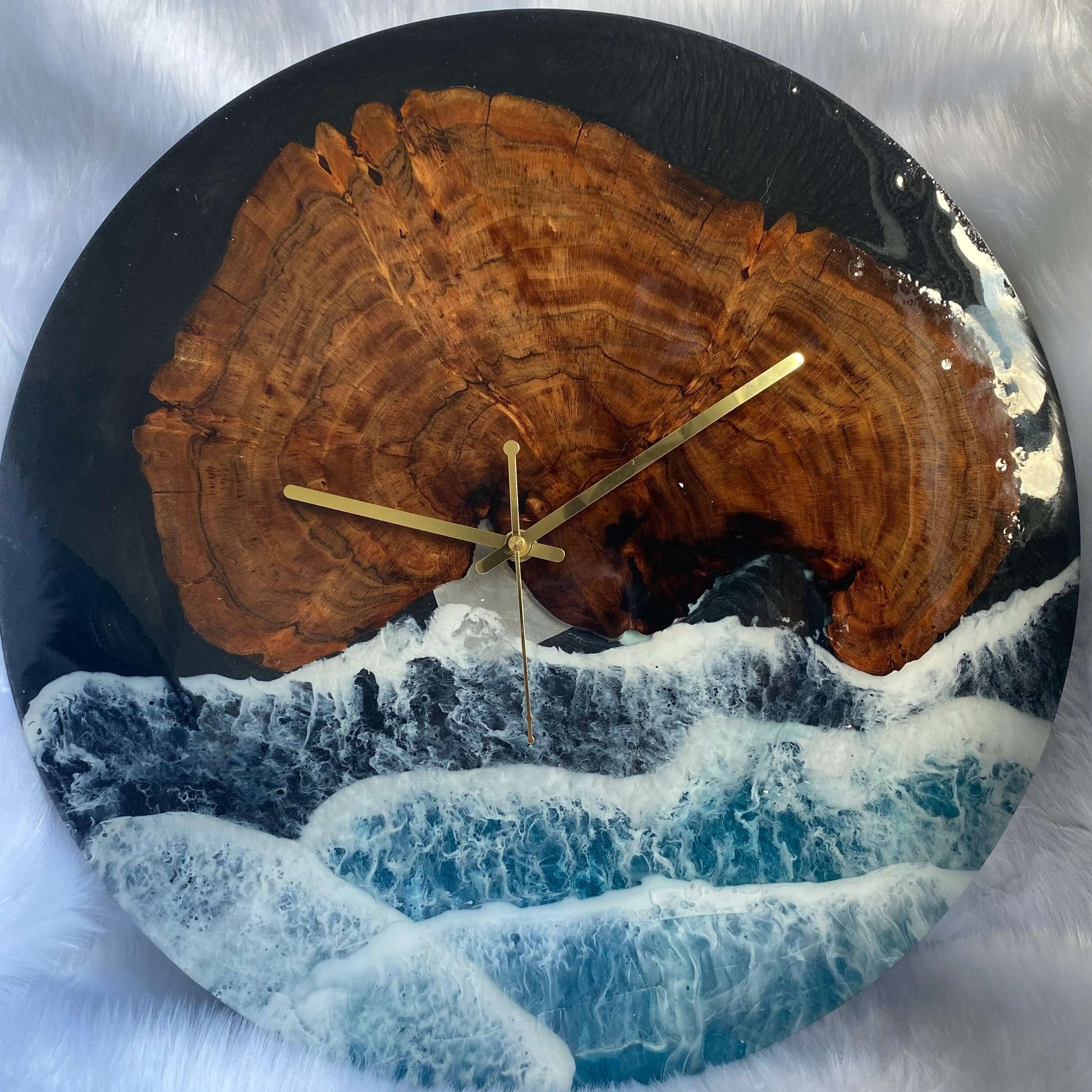 Black Ocean and Wooden Abstract Epoxy Resin Wall Clock For Home Decor