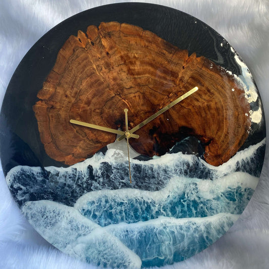 Black Ocean and Wooden Abstract Epoxy Resin Wall Clock For Home Decor