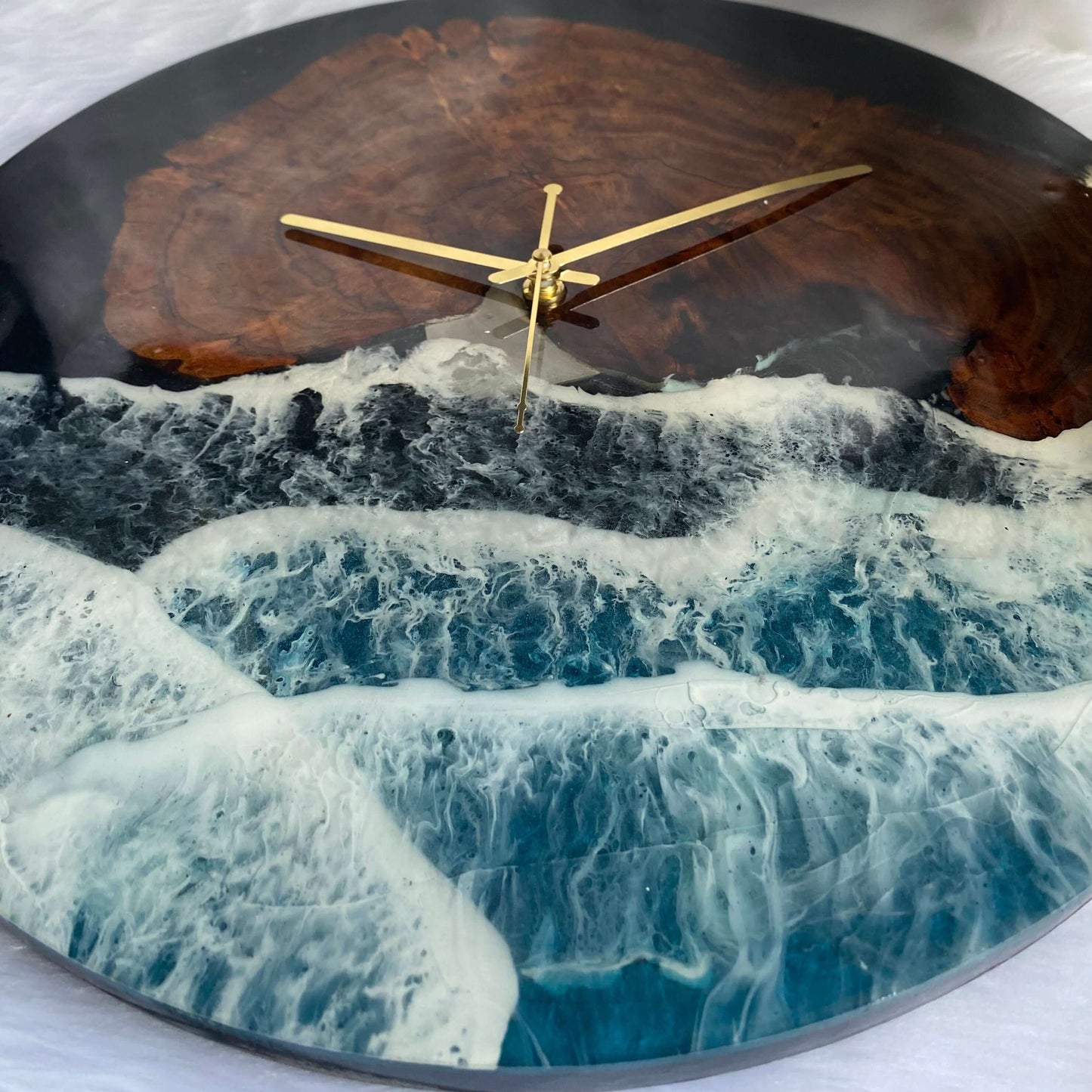 Black Ocean and Wooden Abstract Epoxy Resin Wall Clock For Home Decor