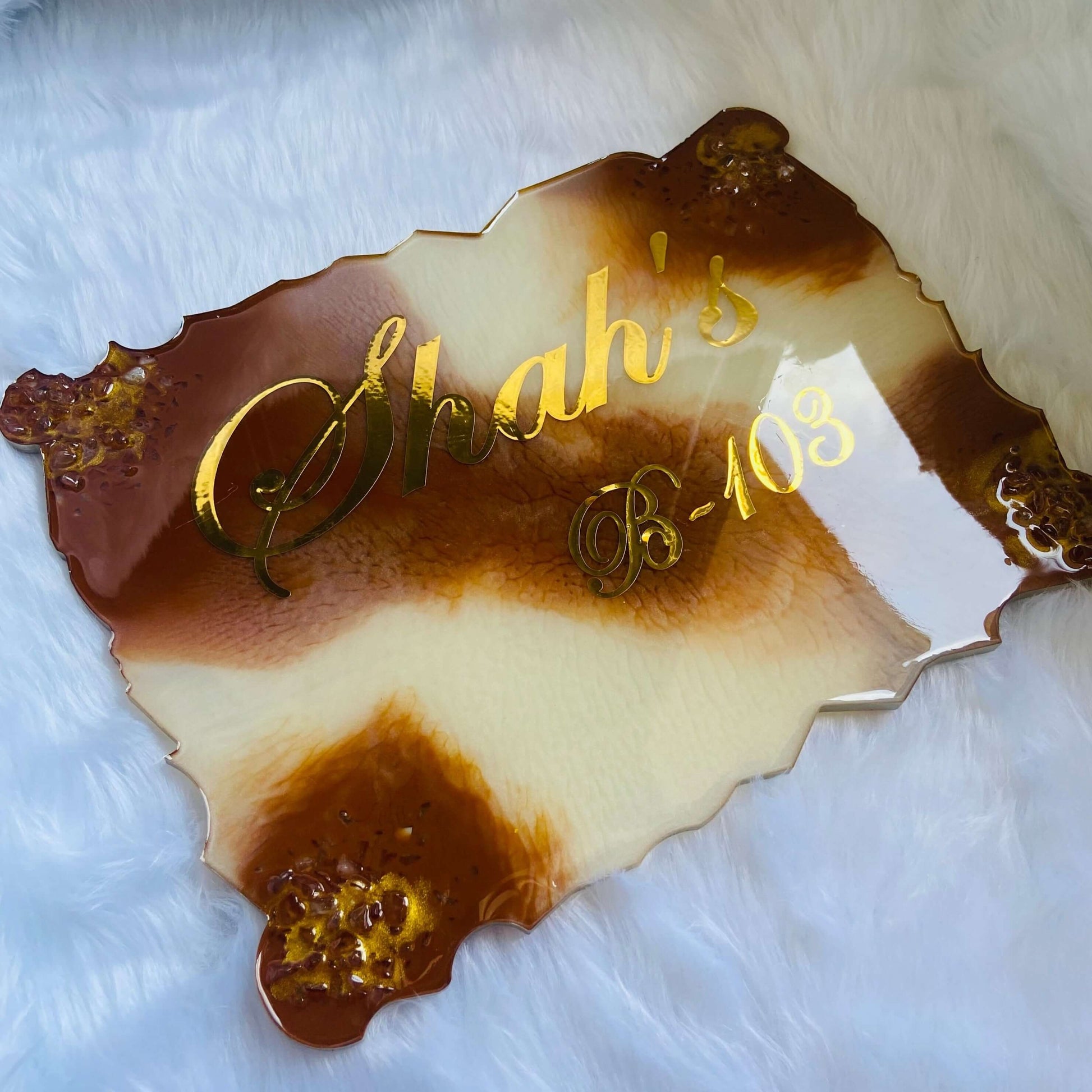 Brown and Pearl White Customized Resin Name Plate