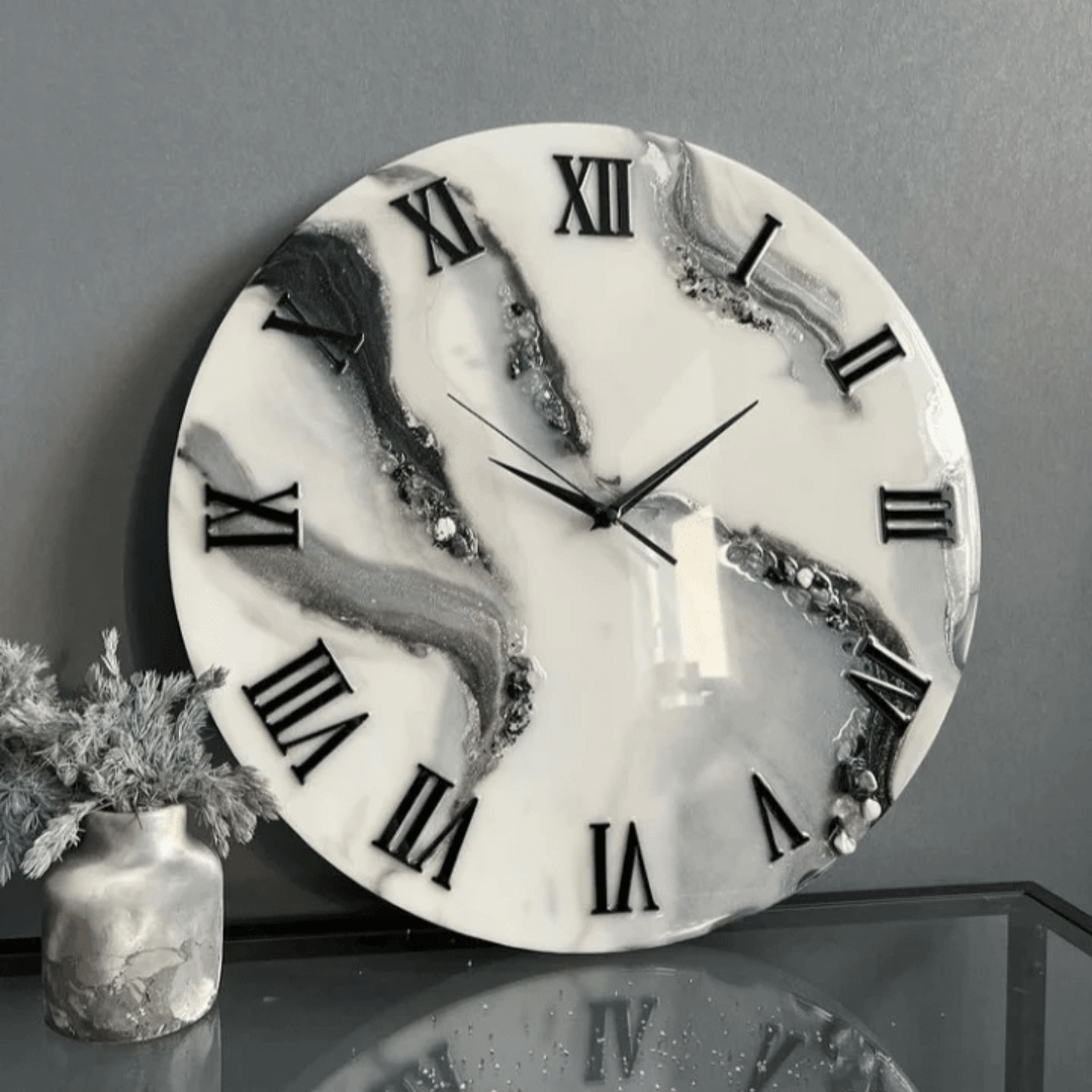 White and Grey Abstract Epoxy Resin Wall Clock For Home Decor - Art Me Up by Kinmil