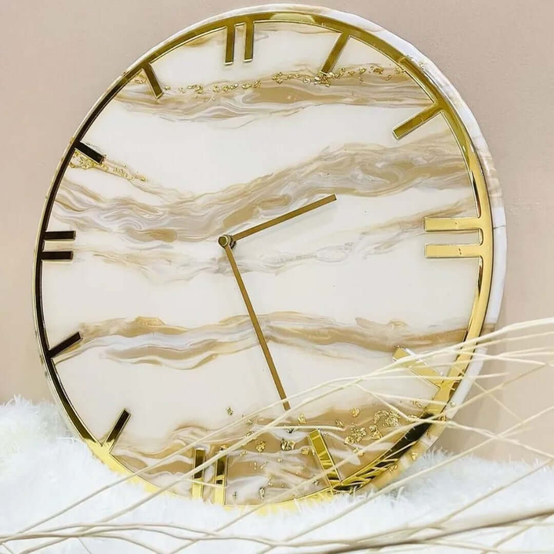 White and Golden Abstract Epoxy Resin Wall Clock For Home Decor - Art Me Up by Kinmil